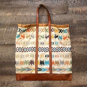 Vintage Woven Textile Animals Tote Bag Leather Mexico?